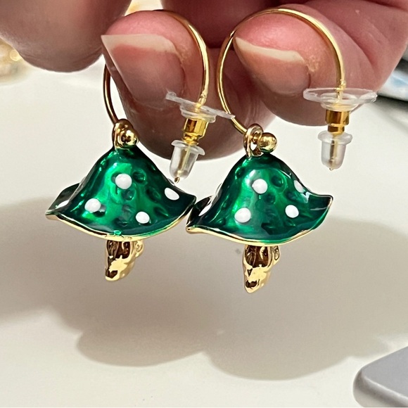 Mushroom Metal Green and Gold Fun Playful Fairy Cottagecore Earrings - Picture 2 of 3